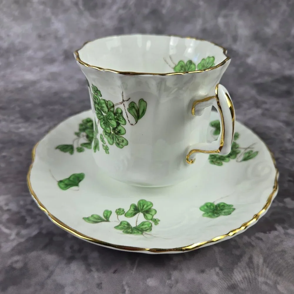 Hammersley & Co Lucky Shamrock Tea Cup & Saucer Bone China Gold Trim Vintage